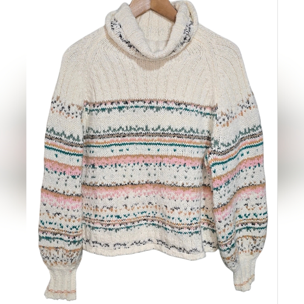 Pilcro Cream Cowl-Neck Sweater with Teal and Peach Stripes - Picture 3 of 9